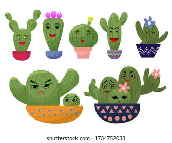 Set funny cactus in cartoon style.Cactus in the pot.Different emotions, faces, funny positive, print for books, cards, congratulations, stickers, t-shirts, children bright kawaii illustrations