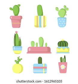 Set funny cactus in colorful pots.  Vector illustration. Isolated on white background. Collection of cute cacti.
