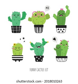Set of funny cactus and succulents with funny faces in pots isolated. Can used for cards, invitations, sticker, object decoration. Vector illustration.