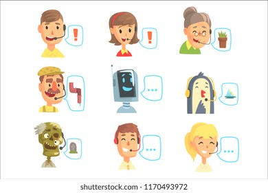 Set of funny call centre operators with headset, customer support service colorful vector illustrations
