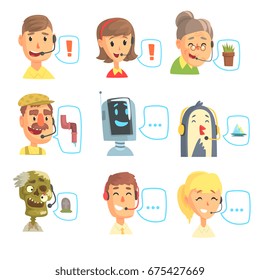 Set of funny call centre operators with headset, customer support service colorful vector illustrations
