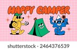 Set of Funny Camper Characters. Vector Camp Travel Sticker. Vintage Illustration of Doodle Dog with Compass, Cartoon Mountain with Sunglasses and Cute Smiling Tent. Summer Adventure of Retro Character