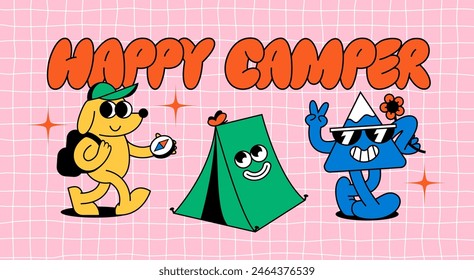 Set of Funny Camper Characters. Vector Camp Travel Sticker. Vintage Illustration of Doodle Dog with Compass, Cartoon Mountain with Sunglasses and Cute Smiling Tent. Summer Adventure of Retro Character