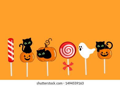 Set of funny candy stick cartoon with black cat kitten, ghost pumpkin, flying ghost, lollipop candy isolated on background. Cute sweets icons vector illustration for Halloween party.