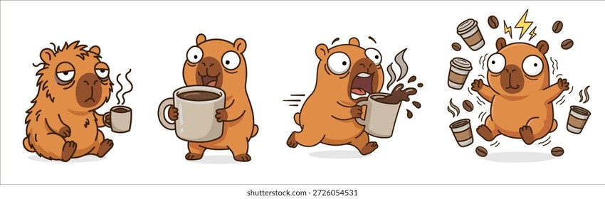 Set von lustigen capybara Kaffee Aufkleber niedlichen Charakter zeigt Phasen von müden Morgen zu hyper Energie Koffein rush Kawaii Illustration mit Kaffeebohnen und Becher für Liebhaber und Design.