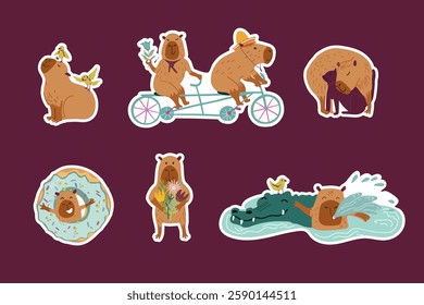 A set of funny capybara stickers. Cute capybara, capibara, capy, collection, different activities, musical instruments, hand drawn vector illustration.