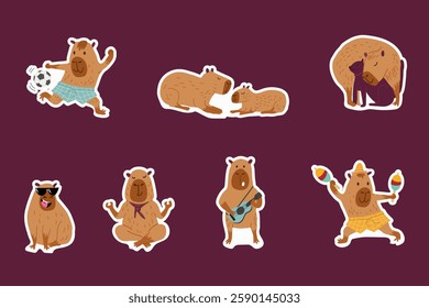 A set of funny capybara stickers. Cute capybara, capibara, capy, collection, different activities, musical instruments, hand drawn vector illustration.