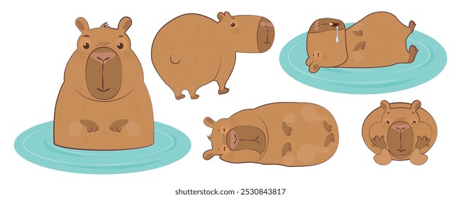 Conjunto de capivaras engraçadas em estilo de desenho animado. Ilustração vetorial de uma capivara em diferentes poses e emoções: banho e deitado na água, com bochechas gordinhas, dormindo isolado em um fundo branco.