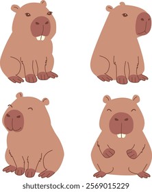 Set of funny capybaras in cartoon style isolated on white background. Vector collection of funny capybaras in flat design.