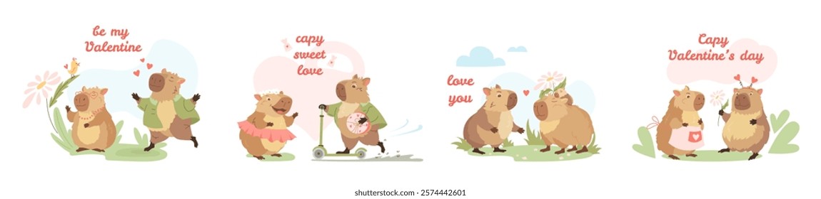 Set of funny capybaras compositions. Happy exotic animals, cute biggest rodents, different poses and emotions Valentines love day. Flat vector design elements for card, packaging, fabrics, flyers