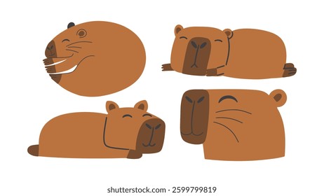 Set of funny capybaras on a white isolated background. Cartoon doodle animals