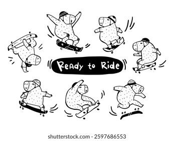Set of funny capybaras riding a skateboard. Vector hand drawn black and white doodle illustration.