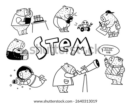 Set of funny funny capybaras who are engaged in STEM education. Vector hand-drawn illustration STEM.