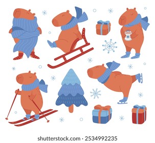 Set of funny capybaras in winter activity. Vector flat illustration of winter characters.