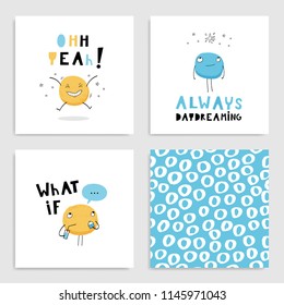 Set of funny card templates.  Hand drawn vector illustration in yellow and blue.