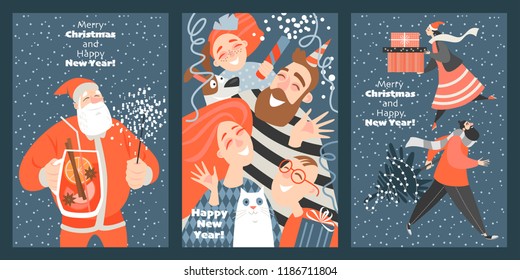 Set of funny cards for Christmas and New Year. Vector illustration in cartoon style