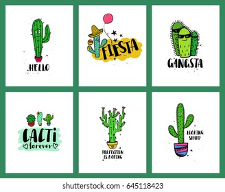 Set of funny cards or posters with cacti and handwritten text. Wild, houseplant and character cactuses and succulents backgrounds.