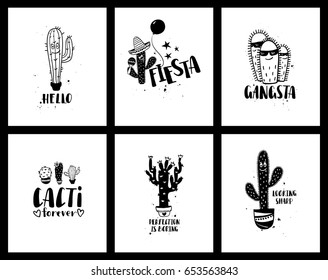 Set of funny cards or posters with cacti and handwritten text. Wild, houseplant and character cactuses and succulents backgrounds.