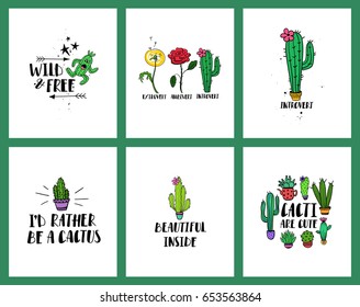 Set Funny Cards Posters Cacti Handwritten Stock Vector (Royalty Free ...