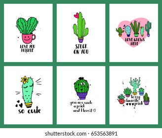 Set of funny cards or posters with cacti and handwritten text. Wild, houseplant and character cactuses and succulents backgrounds.