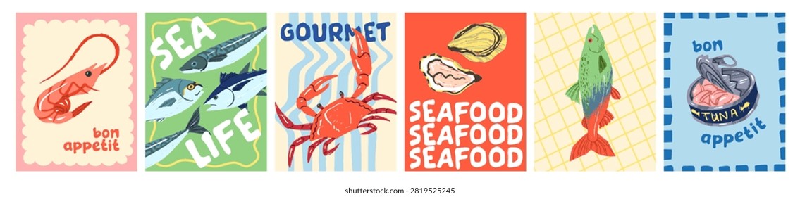 Set of funny cards with seafood. Designs of postcards with sea fish and marine food. Posters with tuna, shrimp, oysters, crab and trout. Template with undersea animals. Flat vector illustrations