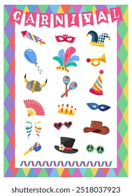 Set of funny Carnival icons for your creative works. All elements separated on colorful background. Vector illustration.