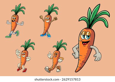 Set of funny carrot vegetable 70s retro comic cartoon characters