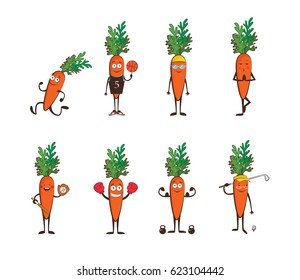 Set of funny carrots doing sport . cartoon vector illustration isolated on white background. Cute and focused characters