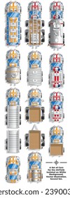 A set of funny cars for the airfield. View from above. Isolated on white background. Vector illustration.
