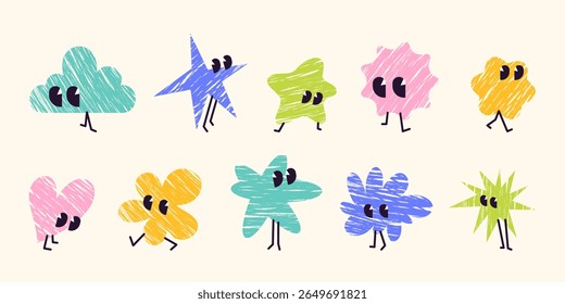 Set of funny cartoon abstract characters  with textured fill, big eyes, walking legs. Playful colorful minimalist cute childish creatures in various blob, cloud, and star shapes. Decoration elements.