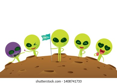 Set of funny cartoon alien character on moon isolated on white background. Vector illustration