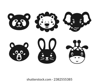 Set of funny cartoon animal faces in black and white, isolated. Hand drawn characters. Vector illustration for kids.
