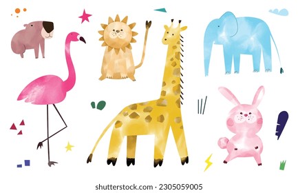 set of funny cartoon animals, baby hand drawn animals doodle, Environment illustration, Vector illustration with cute animals, Nursery baby illustration.