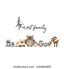 Set of funny cartoon animals (bear, fox, hedgehog, raccoon, deer). Forest Family. Vector Illustration.