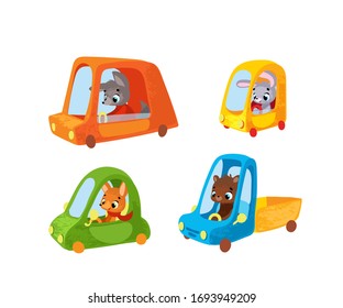 Set Funny cartoon animals in car. Vector illustration for t-shirt prints, children books, greeting cards, posters, stickers or decor