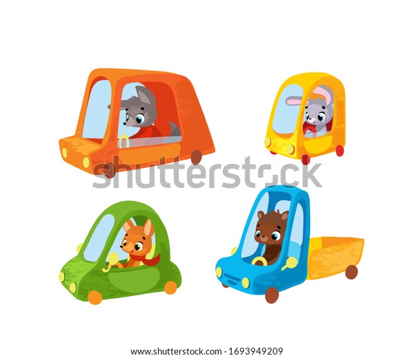 Set Funny cartoon animals in car. Vector\
illustration for t-shirt prints, children books, greeting cards,\
posters, stickers or decor