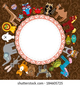 Set of funny cartoon animals character on a brown background. frame for your text. zoo. vector
