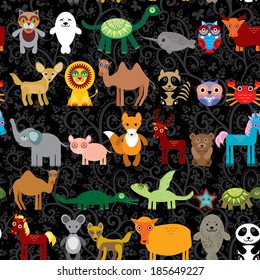 Set of funny cartoon animals character on  black seamless background. zoo. vector