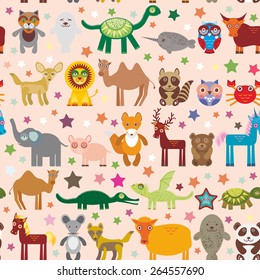 Set of funny cartoon animals character on pink seamless background. zoo. Vector