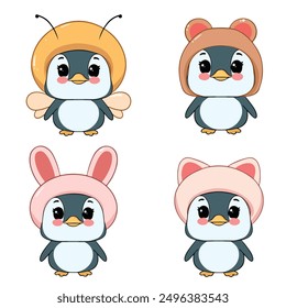 set of funny cartoon animals cute penguin vector illustration
