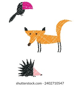 Set of funny cartoon animals. Doodle illustration of fox, bird and hedgehog.