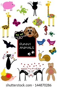 set of funny cartoon animals isolated on white background, colorful vector concept