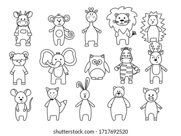 Set of funny cartoon animals, lion, Zebra, elephant, giraffe, lamb, bull, hedgehog, Fox, bear, hare, monkey, mouse, deer, owl, pig. Cute coloring book for kids. Black sketch, simple shapes, vector.