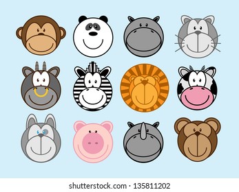 Set of funny cartoon animals, monkey, panda, hippo, cat, ox, zebra, lion, cow, dog, pig, rhinoceros, bear