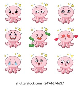 set of funny cartoon animals octopus emoticon