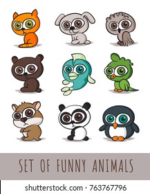 Set of funny cartoon animals on white background. Vector illustration.
