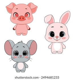set of funny cartoon animals pig mouse and rabbit vector illustration