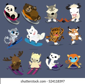 Set of Funny Cartoon Animals. Winter Sport. Panda, Bear, Wolf, White Yak, Snow Leopard, Arctic Fox, Tiger, Lynx, Moose, Alpaca, Stoat, Golden Monkey