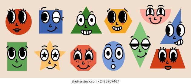 Set funny cartoon basic Geometric Figures with face emotions. Different shapes. Comic elements in trendy retro cartoon style. Vector illustration