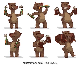 Set of funny cartoon bears drinking beer. Six funny cartoon bears holding beer in bottle, beer in mugs and beer in barrels. amazing mascot for pub. vector illustrations